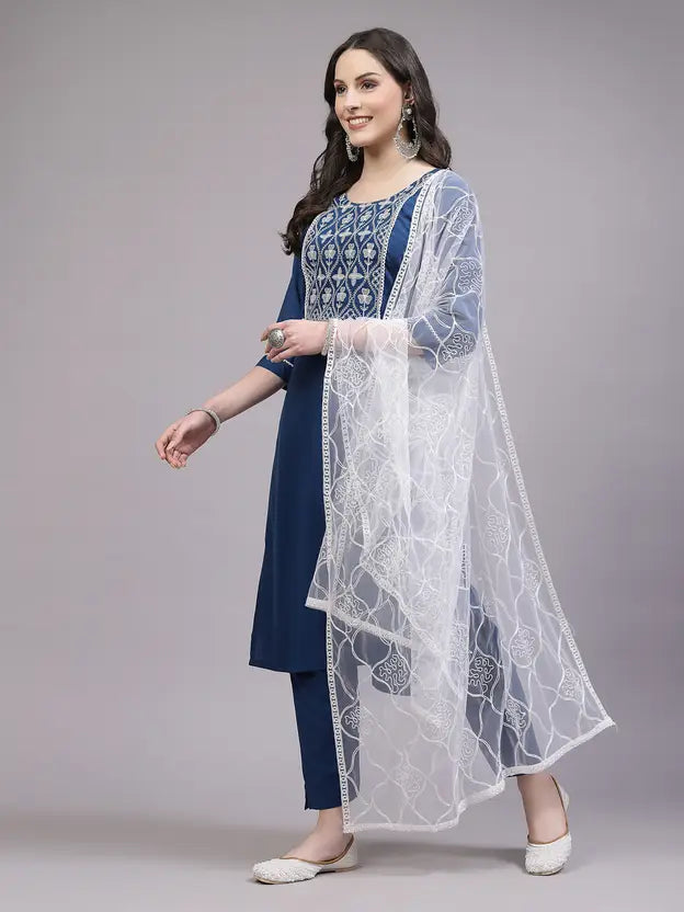 Women Viscose Rayon Kurta Pant Dupatta Set
