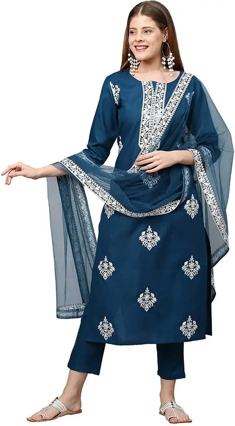 Women Viscose Rayon Kurta Pant Dupatta Set