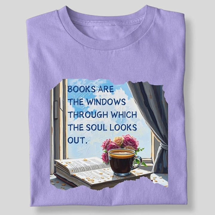 BOOKS ARE THE WINDOW WITH COFFEE AND FLOWER T-SHIRT