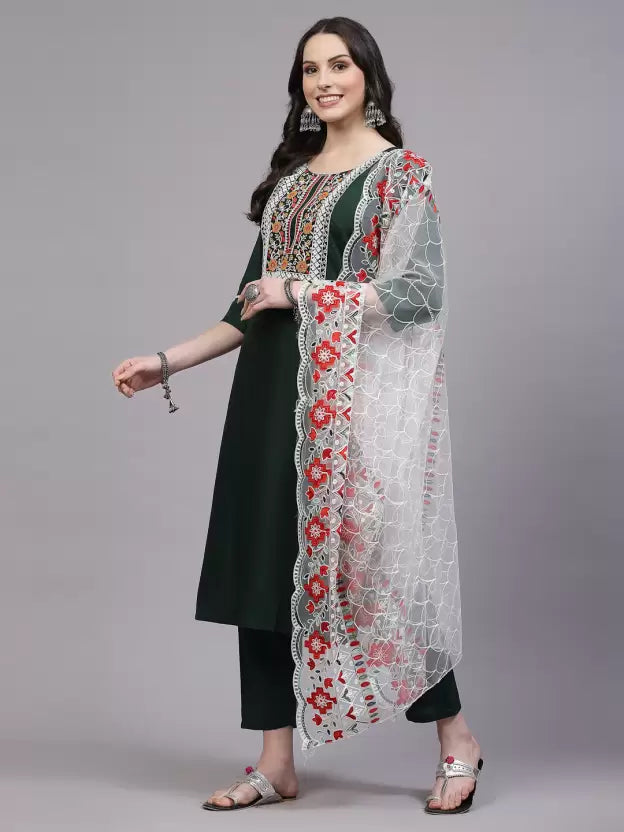 Women Viscose Rayon Kurta Pant Dupatta Set