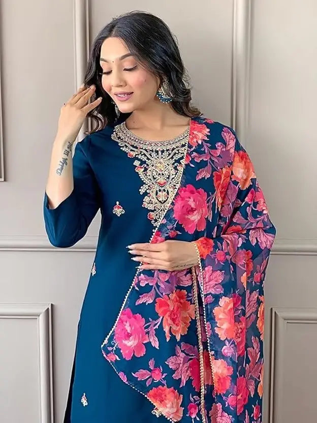 Women Viscose Rayon Kurti Pant Attached Dupatta Set