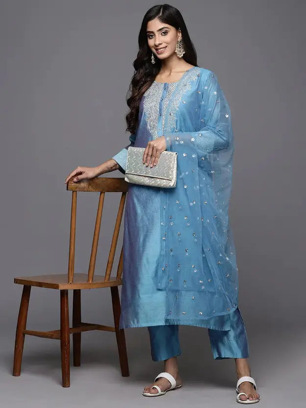 Women Chanderi Kurta Pant Dupatta Set