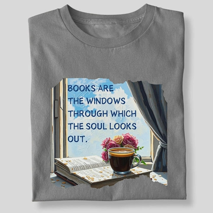 BOOKS ARE THE WINDOW WITH COFFEE AND FLOWER T-SHIRT