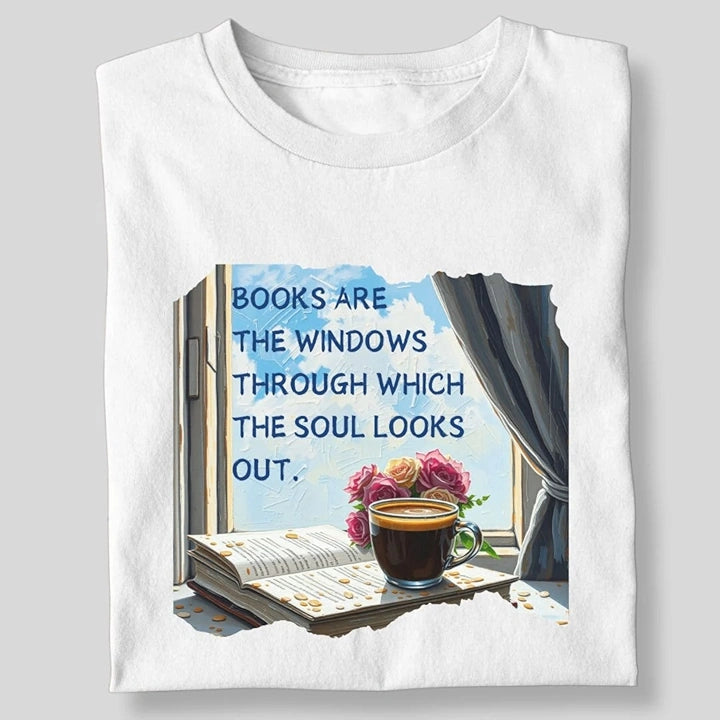 BOOKS ARE THE WINDOW WITH COFFEE AND FLOWER T-SHIRT
