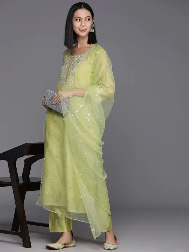 Women Chanderi Kurta Pant Dupatta Set