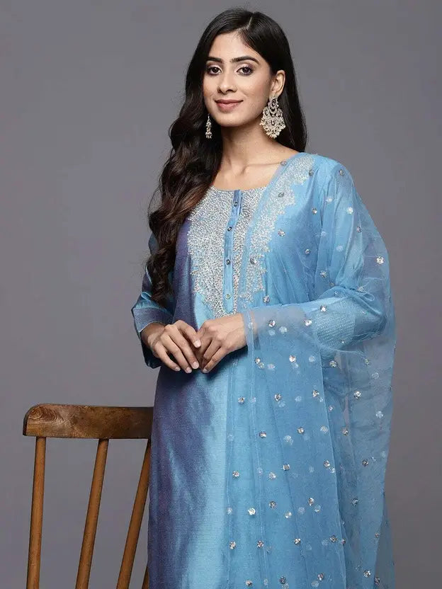 Women Chanderi Kurta Pant Dupatta Set