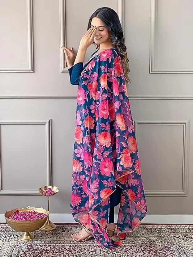 Women Viscose Rayon Kurti Pant Attached Dupatta Set