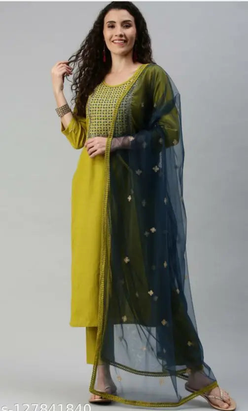Women Viscose Rayon Kurti Pant Dupatta Set