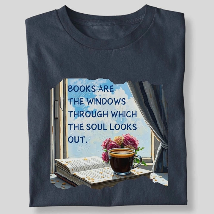 BOOKS ARE THE WINDOW WITH COFFEE AND FLOWER T-SHIRT
