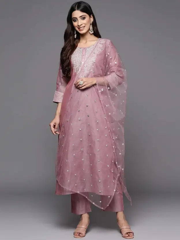 Women Chanderi Kurta Pant Dupatta Set