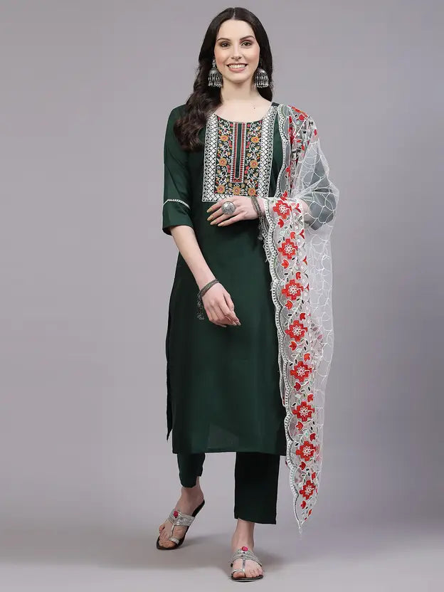 Women Viscose Rayon Kurta Pant Dupatta Set