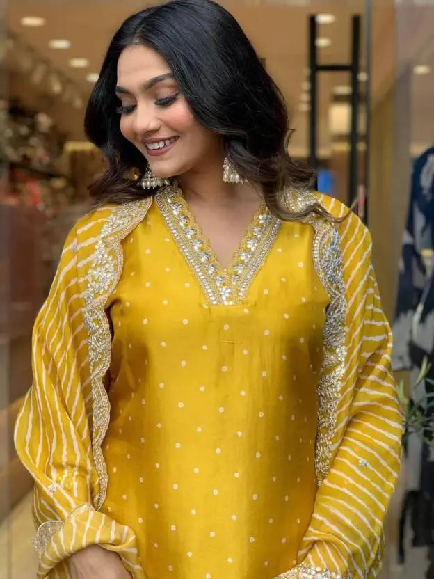 Women Chanderi Kurti Pant Attached Dupatta Set