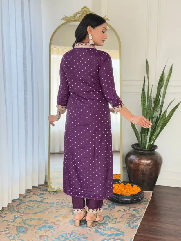 Women Chanderi Kurti Pant Attached Dupatta Set