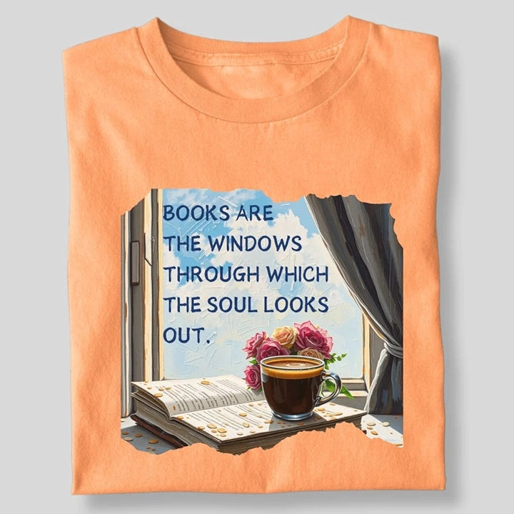 BOOKS ARE THE WINDOW WITH COFFEE AND FLOWER T-SHIRT