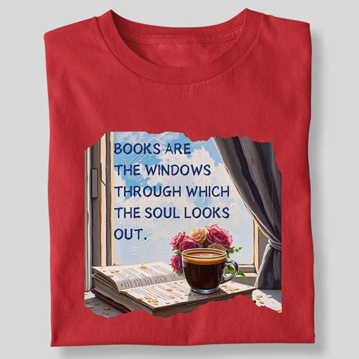 BOOKS ARE THE WINDOW WITH COFFEE AND FLOWER T-SHIRT