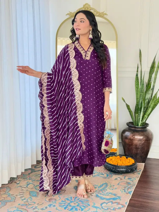 Women Chanderi Kurti Pant Attached Dupatta Set