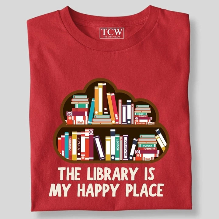 THE LIBRARY IS MY HAPPY PLACE SHELF T-SHIRT
