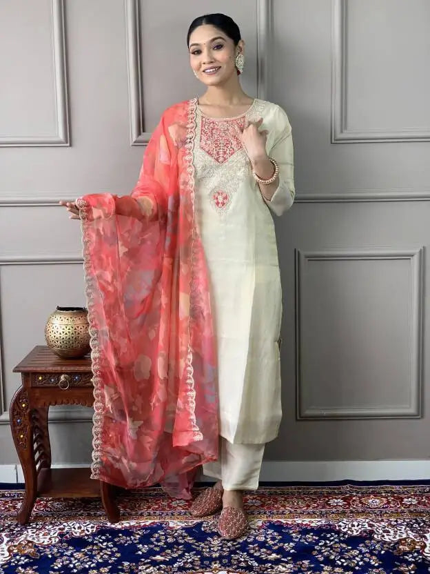 Women Chanderi Kurti Pant Attached Dupatta Set