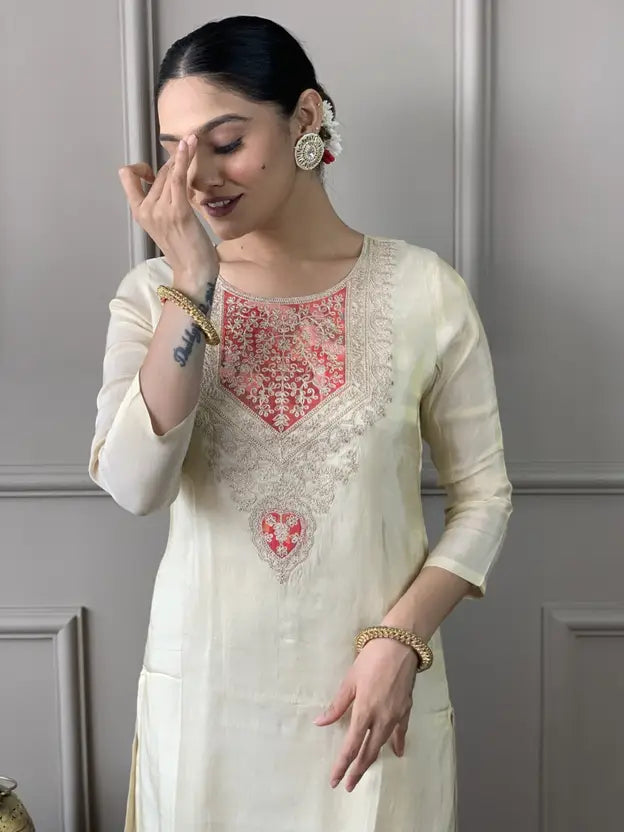 Women Chanderi Kurti Pant Attached Dupatta Set