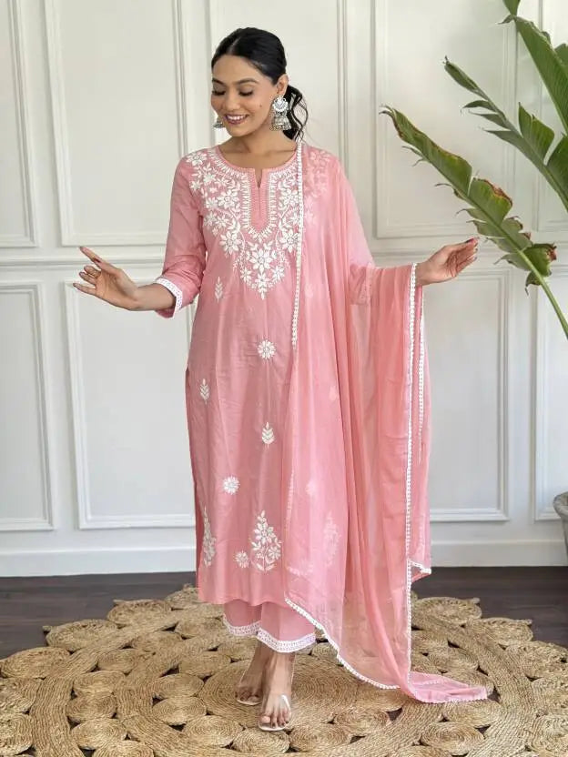 Women Viscose Rayon Kurta Pant Attached Dupatta Set