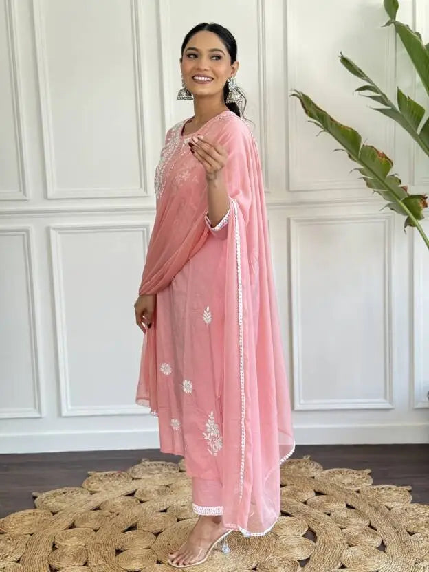 Women Viscose Rayon Kurta Pant Attached Dupatta Set