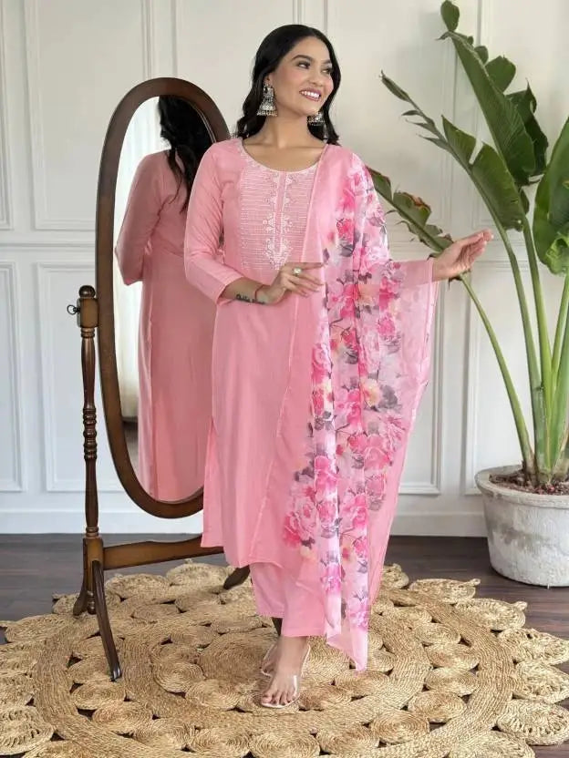 Women Viscose Rayon Kurti Pant Attached Dupatta Set