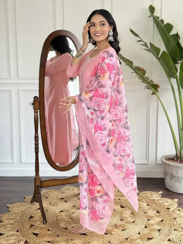 Women Viscose Rayon Kurti Pant Attached Dupatta Set