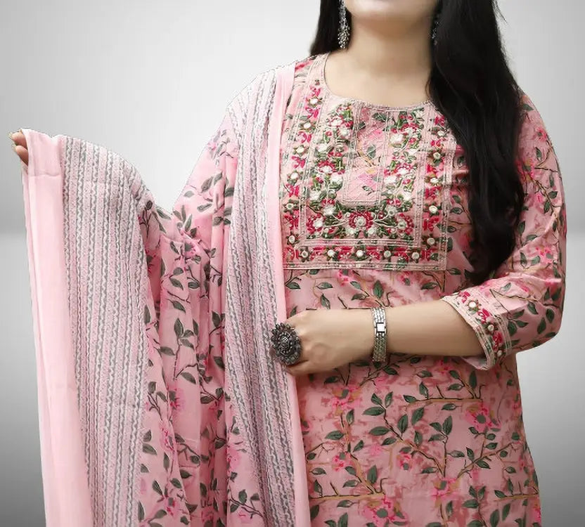 Women Cotton Blend Kurta Salwar Dupatta Set