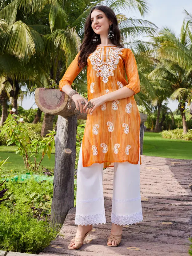 Women Embroidered Georgette Straight Kurta  (Orange)