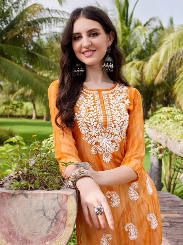 Women Embroidered Georgette Straight Kurta  (Orange)