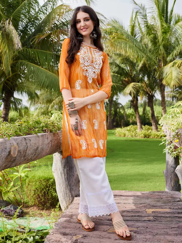 Women Embroidered Georgette Straight Kurta  (Orange)