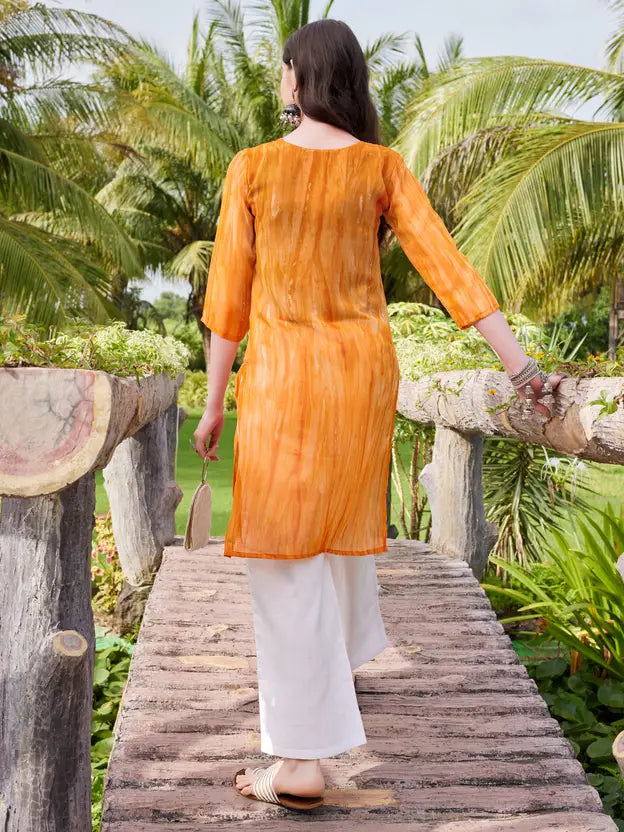 Women Embroidered Georgette Straight Kurta  (Orange)