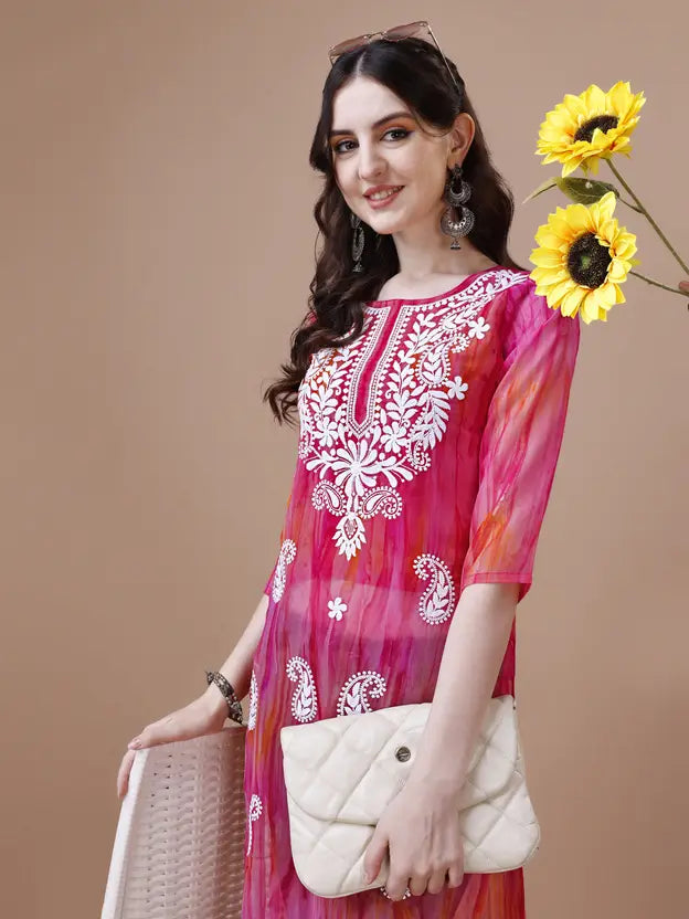 Women Embroidered Georgette Straight Kurta