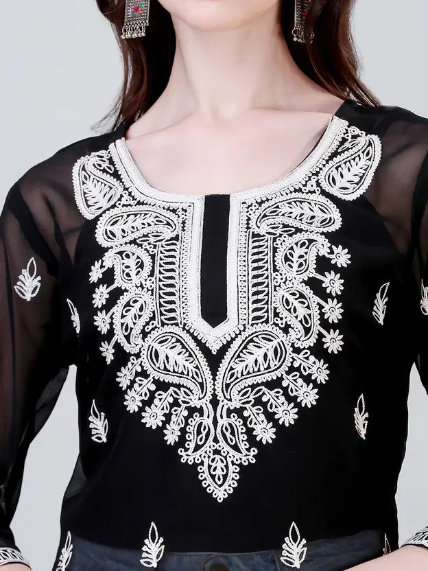Women Chikan Embroidery Georgette Straight Kurta  (Black)