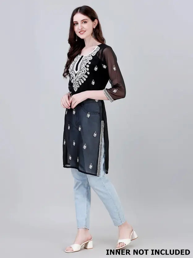 Women Chikan Embroidery Georgette Straight Kurta  (Black)