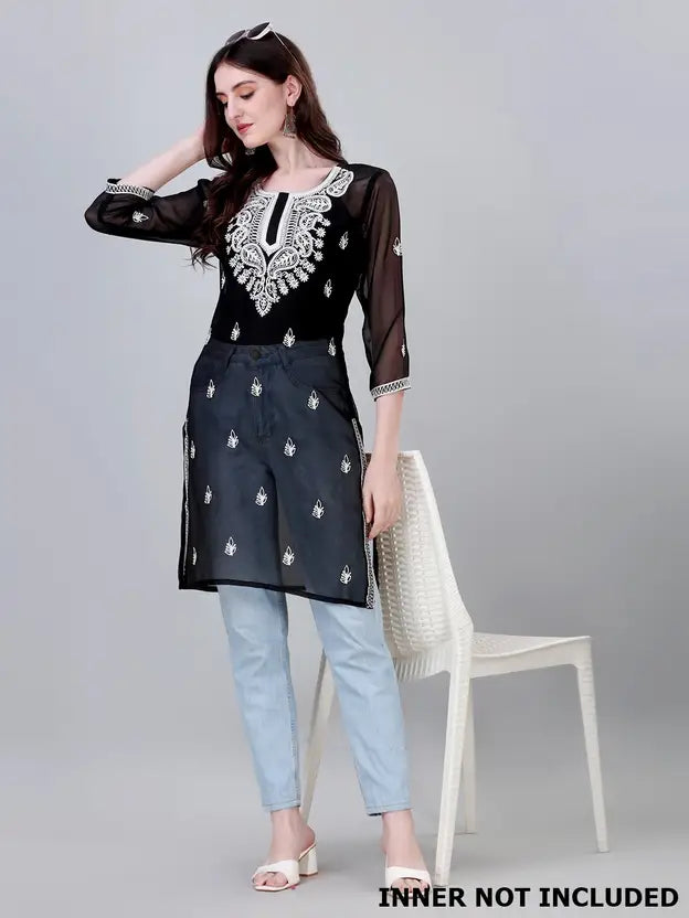 Women Chikan Embroidery Georgette Straight Kurta  (Black)