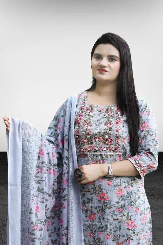 Women Cotton Blend Kurta Salwar Dupatta Set