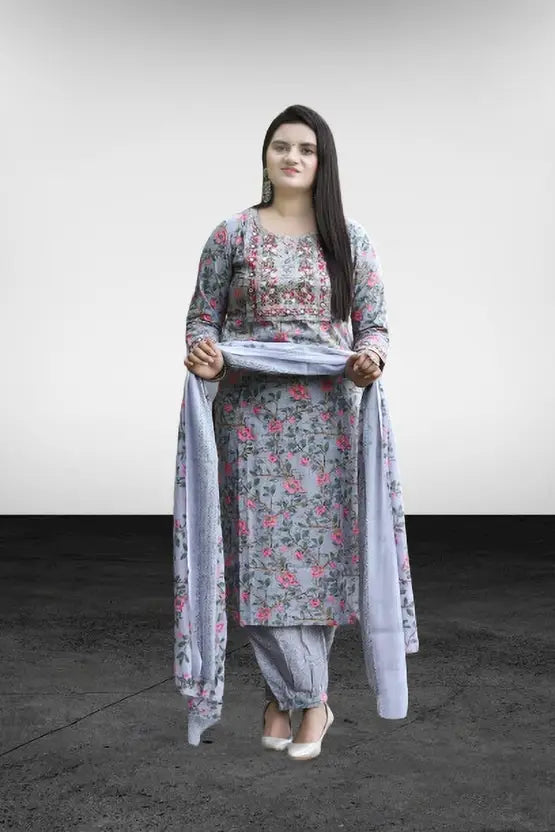 Women Cotton Blend Kurta Salwar Dupatta Set